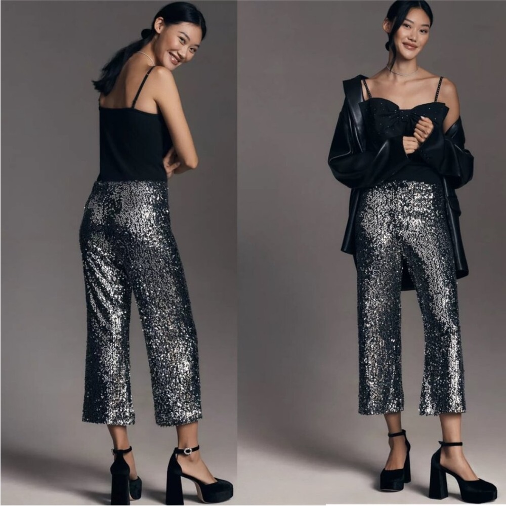 Anthropologie The Colette Cropped Wide-Leg Sequin Pants 27 new with tag black